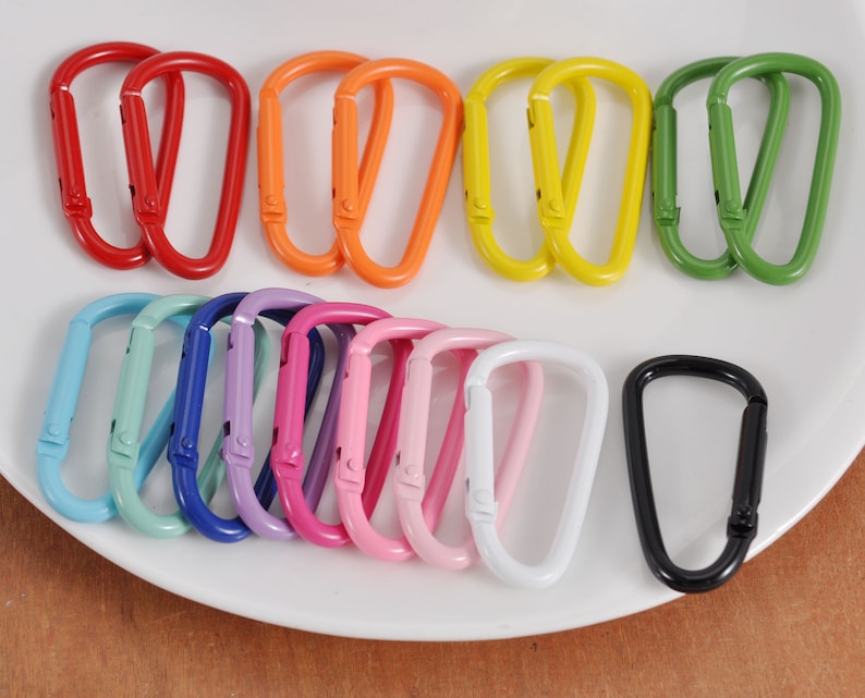 May include: Assortment of colorful metal keychains in various colors, including blue, green, yellow, orange, pink, red, and black. The keychains are in the shape of a D-ring.