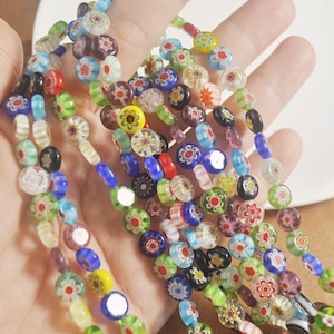 1 strads 8mm Millefiori Glass Colorful Flower Pattern Handmade Flat Round Rondelle Charm Lampwrok Loose Spacer Beads,48 Beads per strand