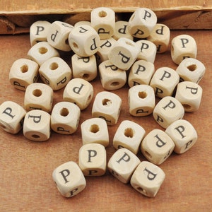 100 Uds./200 Uds. Cuentas de madera con letras P, cuentas de madera, cuentas de madera con forma de cubo de letras/alfabeto natural, cuentas de palabras de 10x10mm(3/8"x3/8")