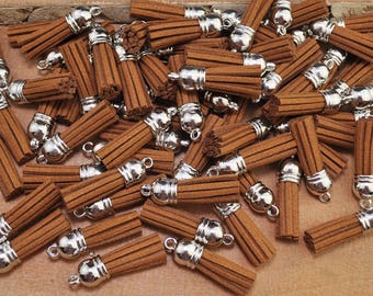 38mm(1.5") Faux Leather Tassels,50pcs Coffee mini tassel craft,silver cap suede tassels charm pendant,fringe tassels,jewelry tassels-F2EL49