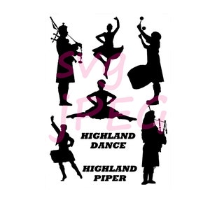 May include: Silhouettes of five people performing Highland dance and playing the bagpipes. The text "Highland Dance" and "Highland Piper" is printed below the silhouettes.