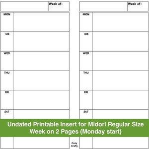 Undated Printable Insert Wo2P(Monday Start) for Midori Regular Size