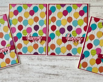 Balloons “happy” handmade celebration cards set of 4. Birthday greeting cards.