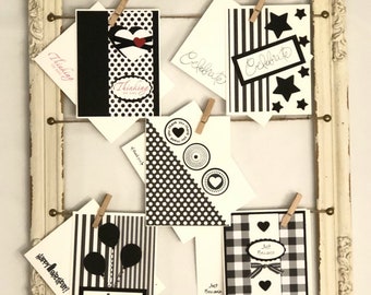 Black & White handmade stamped cards; assorted variety set of 5 greeting cards with matching stamped envelopes.