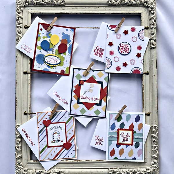 Handmade stamped; assorted variety cards set of 5 cards with matching stamped envelopes. All occasion greeting cards.