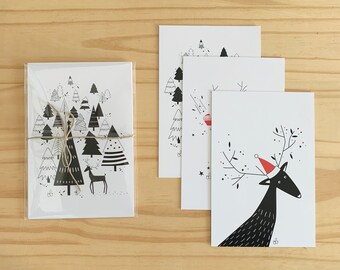 Lot de 3 CARTES DE VOEUX " Cerf "
