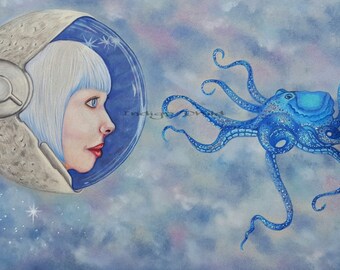 Space Art, The Octopus And The Astronaut Drawing, Graphite coloré, A4, Astronaute, Galaxie, Octopus