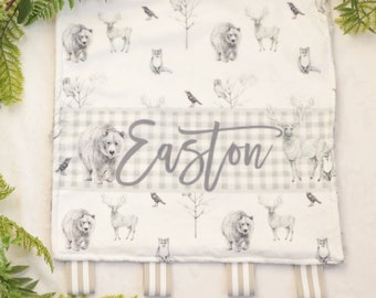 Personalized Baby Lovey Blanket: Minky Gray Wildlife Ribbon Tab