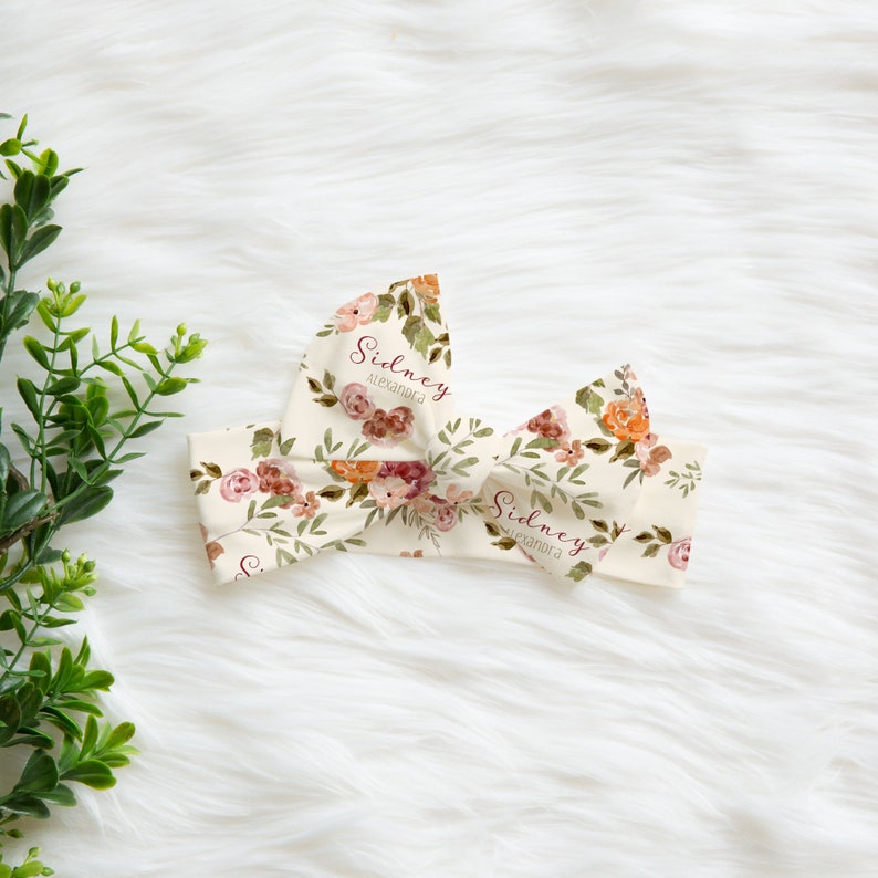 Floral Baby Gown and Bow Newborn Girl Gift Autumn Neutral Floral Personalized Tie At Bottom Baby Gown and Headband Set PATTI GOWN image 3