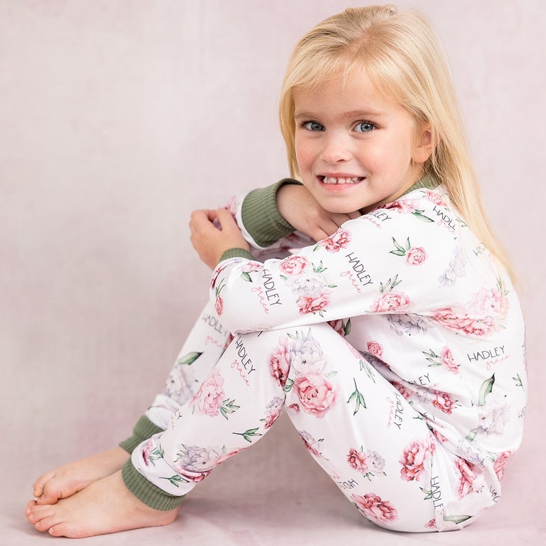 Child Pajamas, Personalized PJs for Kids & Babies, Peony Flowers, Floral Jammies, Christmas Gift, Girl Pajamas, Pajamas w/ Name, JESSICA PJ image 1