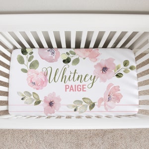 Floral Crib Sheet-Baby Shower Gift- Personalized Fitted Crib sheet- Pink and Gold Nursery Decor - Baby Girl Bedding - ABIGAIL FLORAL SHEET