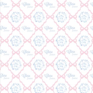 The image is a repeating pattern of pink and white flowers, each with a name written in cursive script. The pattern is arranged in a diamond shape, with the names of the flowers and the cursive script repeated across the entire image.