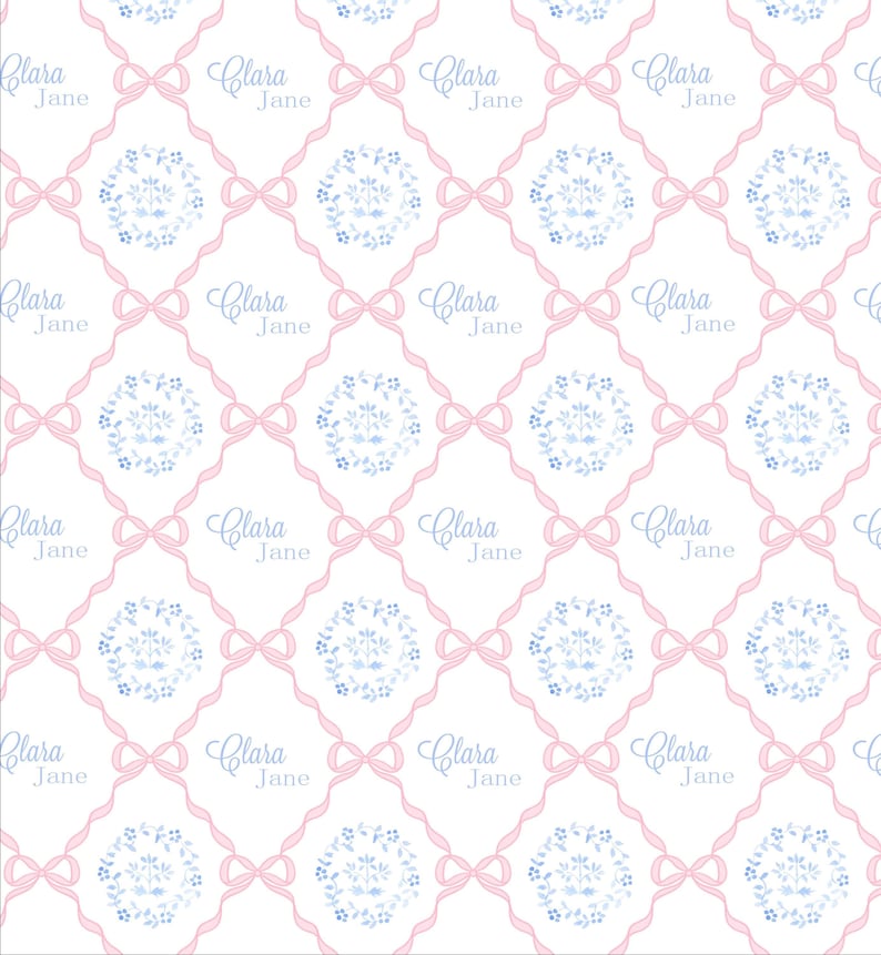 The image is a repeating pattern of pink and white flowers, each with a name written in cursive script. The pattern is arranged in a diamond shape, with the names of the flowers and the cursive script repeated across the entire image.