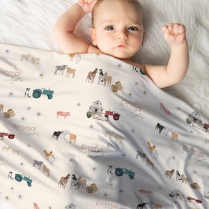 Personalized Farm Animal Baby Swaddle Blanket: Stretchy Knit Nursery Decor