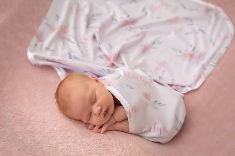 Pale Pink and Gray Floral Baby Girl Swaddle Blanket Personalized Baby Blanket Receiving Blanket Hayley Print