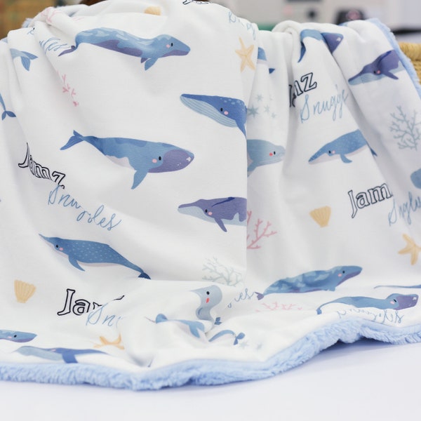 Whales Plush Minky Baby Blanket - Personalized Luxury Nursery Gift for Boys