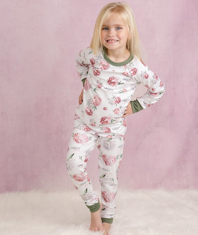 Child Pajamas, Personalized PJs for Kids & Babies, Peony Flowers, Floral Jammies, Christmas Gift, Girl Pajamas, Pajamas w/ Name, JESSICA PJ image 3