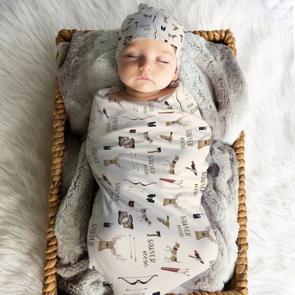 Newborn Swaddle Set - Stretchy Knit Baby Blanket - Baby Boy Gift - Deer Hunter - Hunting Nursery - DEER HUNTER Newborn