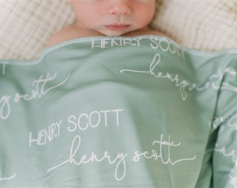 Customizable Baby Swaddle Blanket - Soft Script Name Print - Sage Green - Perfect Newborn Gift- Camden Sage