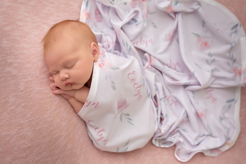 Pale Pink and Gray Floral Baby Girl Swaddle Blanket Personalized Baby Blanket Receiving Blanket Hayley Print