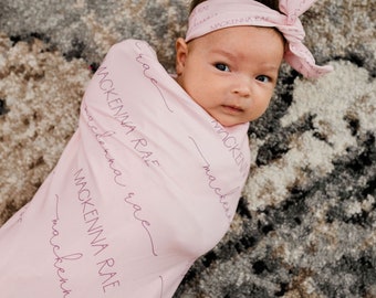 Pink Personalized Baby Girl Blanket- Pink Swaddle With Name-Newborn Baby Girl Gift -  Pink Baby Blanket - CAMDEN PINK STRETCHY