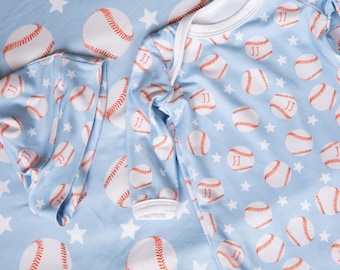Personalized Baseball Print Baby Gown: Blue Newborn Outfit