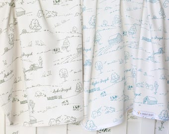 Farmhouse Toile Baby Boy Keepsake Blanket Blue or Green Nursery