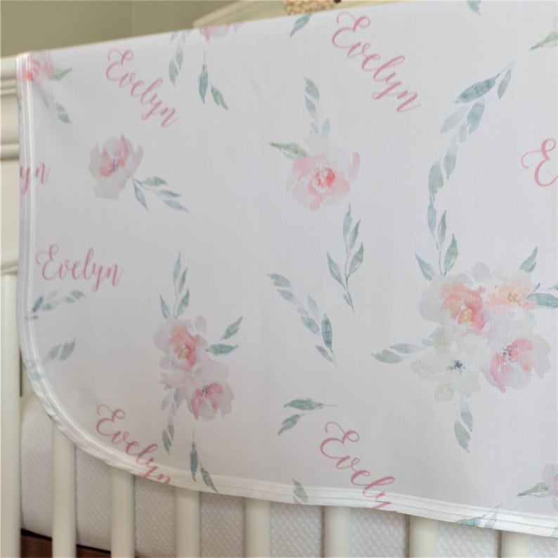 Pale Pink and Gray Floral Baby Girl Swaddle Blanket Personalized Baby Blanket Receiving Blanket Hayley Print