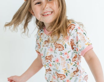 Personalized Little Girl Easter Pajamas - Easter Bunny Pjs - Cute Pajamas for Kids -Bunnies and Flowers - Custom Name Pajamas