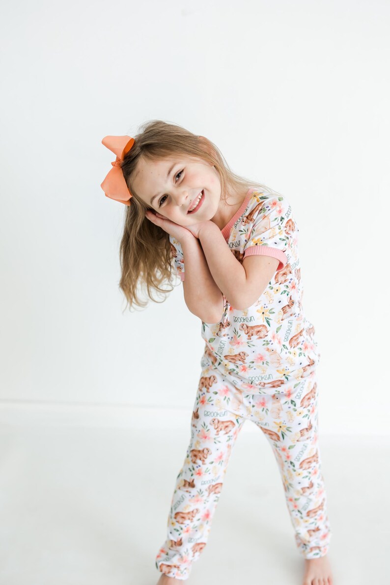 Personalized Easter Pajamas for Girls, Bunnies & Flowers, Soft Custom Kids PJ’s, Baby to Child Sizes, Cute Gift for Easter, Handmade image 2