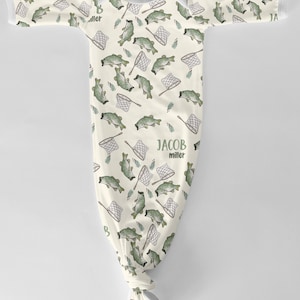 Personalized Baby Gown for Newborn Boys – Bass Fisherman Print – Knotted Long Sleeve Gown, Fishing Baby Gift, Custom Name Coming Home Outfit