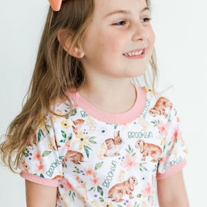 Personalized Easter Pajamas for Girls, Bunnies & Flowers, Soft Custom Kids PJ’s, Baby to Child Sizes, Cute Gift for Easter, Handmade image 4