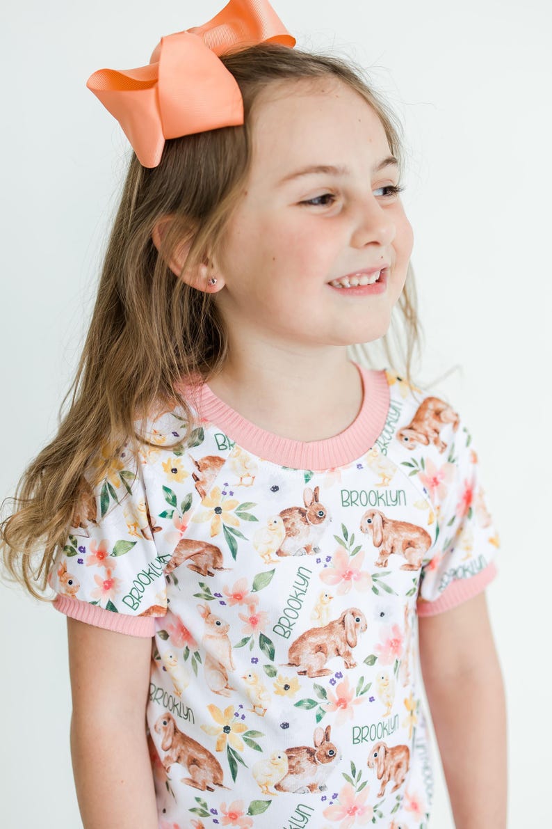 Personalized Easter Pajamas for Girls, Bunnies & Flowers, Soft Custom Kids PJ’s, Baby to Child Sizes, Cute Gift for Easter, Handmade image 4