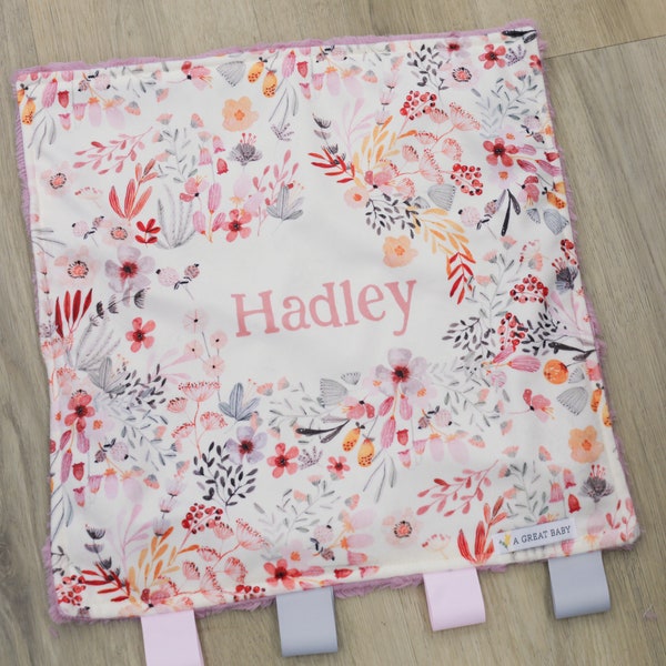 Custom Pink Floral Baby Girl Security Blanket with Sensory Tags | Personalized Newborn Gift