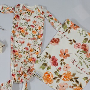 Floral Baby Gown and Bow Newborn Girl Gift Autumn Neutral Floral Personalized Tie At Bottom Baby Gown and Headband Set PATTI GOWN image 2