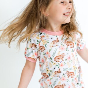 Personalized Easter Pajamas for Girls, Bunnies & Flowers, Soft Custom Kids PJ’s, Baby to Child Sizes, Cute Gift for Easter, Handmade image 1