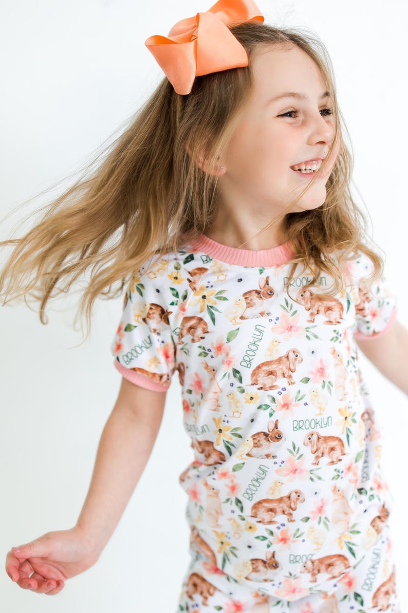 Personalized Easter Pajamas for Girls, Bunnies & Flowers, Soft Custom Kids PJ’s, Baby to Child Sizes, Cute Gift for Easter, Handmade image 1