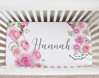 Personalized Crib Sheet: Pink Roses, Floral Nursery, Baby Girl Gift