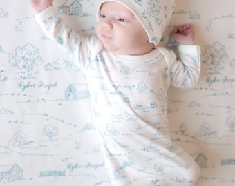 Farmhouse Toile Baby Gown Tie Bottom Newborn Outfit - Minimalistic Blue Fine Line Farm Print