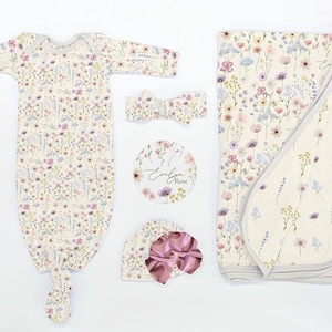 Take Me Home Wildflower Set Personalized Baby Girl Gift Set Custom Blanket Gown Headband Beanie Coming Home Outfit Newborn Girl
