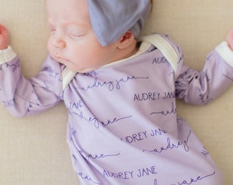 Personalized Baby Infant Gown - Purple la la lavender - Trendy Gift For Baby Girl - Soft Knit - Baby Shower Gift- Camden name only print