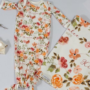 Floral Baby Gown and Bow - Newborn Girl Gift - Autumn Neutral Floral - Personalized Tie At Bottom Baby Gown and Headband Set - PATTI GOWN