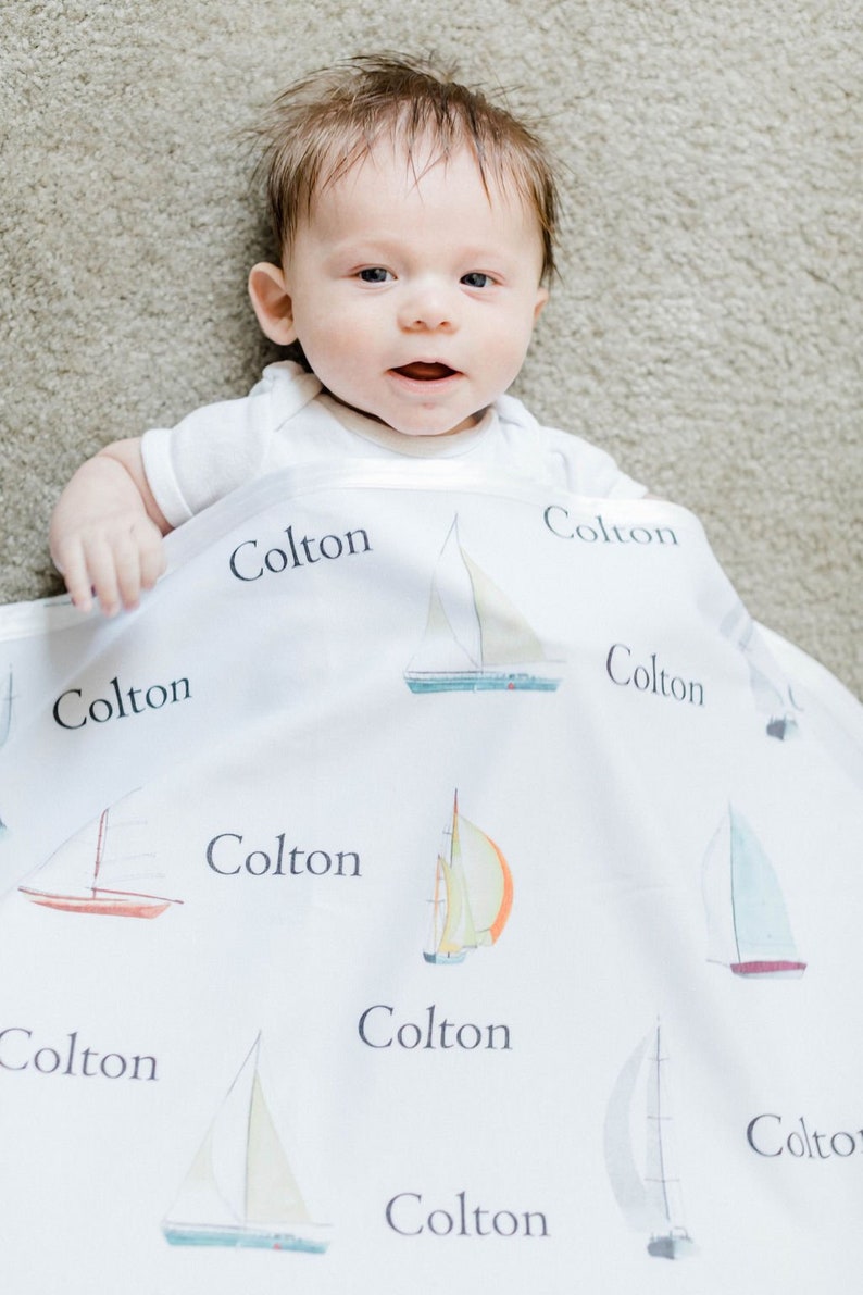 Great Baby Gift. Personalised KNITTED /'Boat/' Themed Baby Blanket