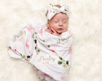Stretchy Swaddle Blanket - Stretchy Knit - Baby Name Blanket - Floral Nursery - Personalized Baby Gift - pink flowers - ABIGAIL STRETCHY