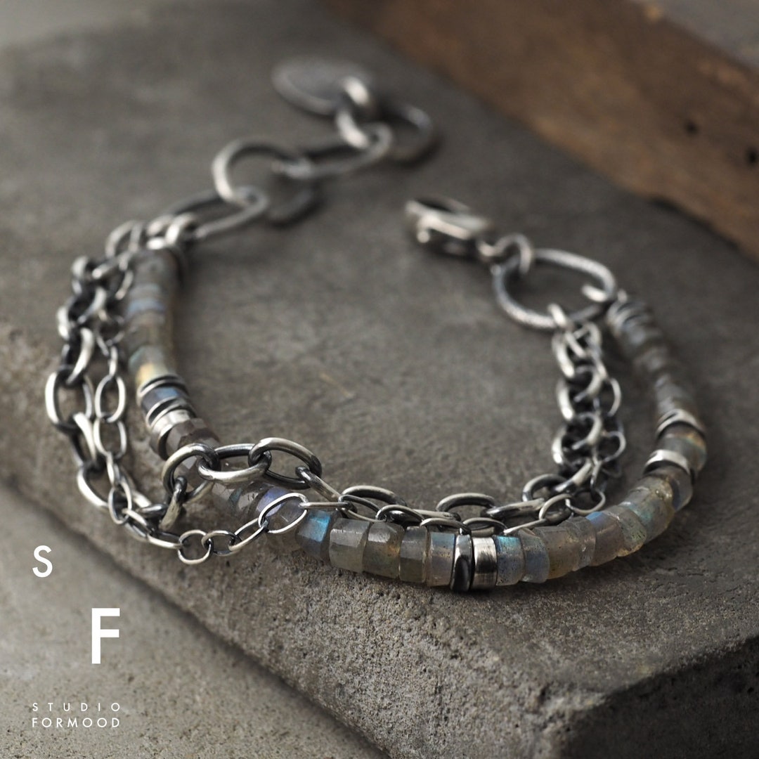 Oxidized Sterling Silver Labradorite Bracelet - Unisex Design - Etsy
