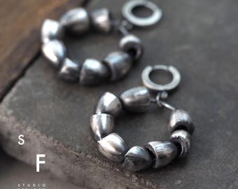 Artistic Hoop Earrings Oxidized Sterling Silver Handmade Sculptural Modern Statement Jewelry Gift for Her