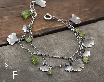 greenFORM - oxidized sterling silver and raw Peridot - ginkgo biloba leaf   -  gift for her