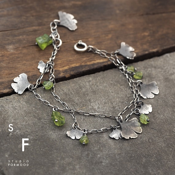 greenFORM - oxidized sterling silver and raw Peridot - ginkgo biloba leaf   -  gift for her