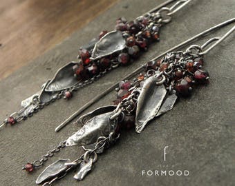 Oxidized Sterling Silver Garnet Dangle Earrings: Long Boho Earrings, StudioFormood