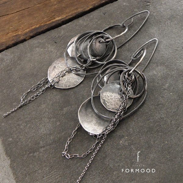 Oxidized sterling silver earrings  -long modern silver earrings